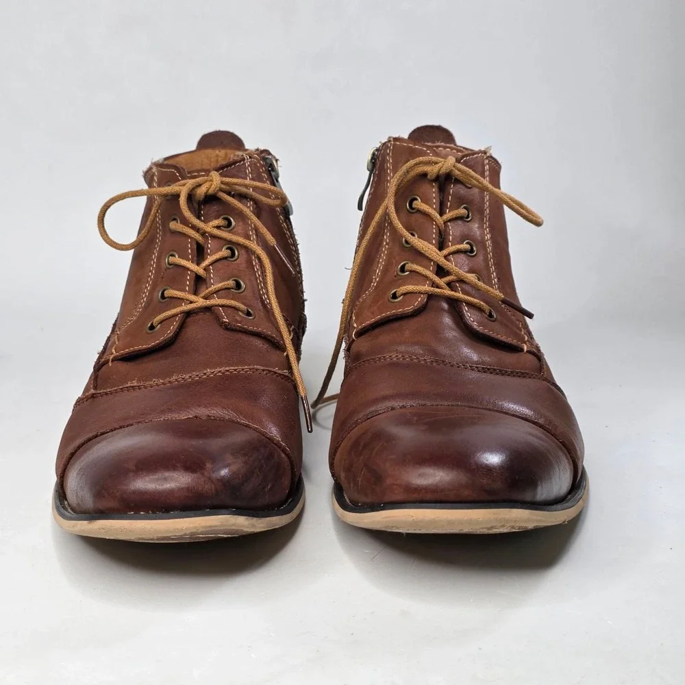 Kunsto Boots Men's Size 12 Tan Leather Cap Toe Side Zip Arch Support Shoes